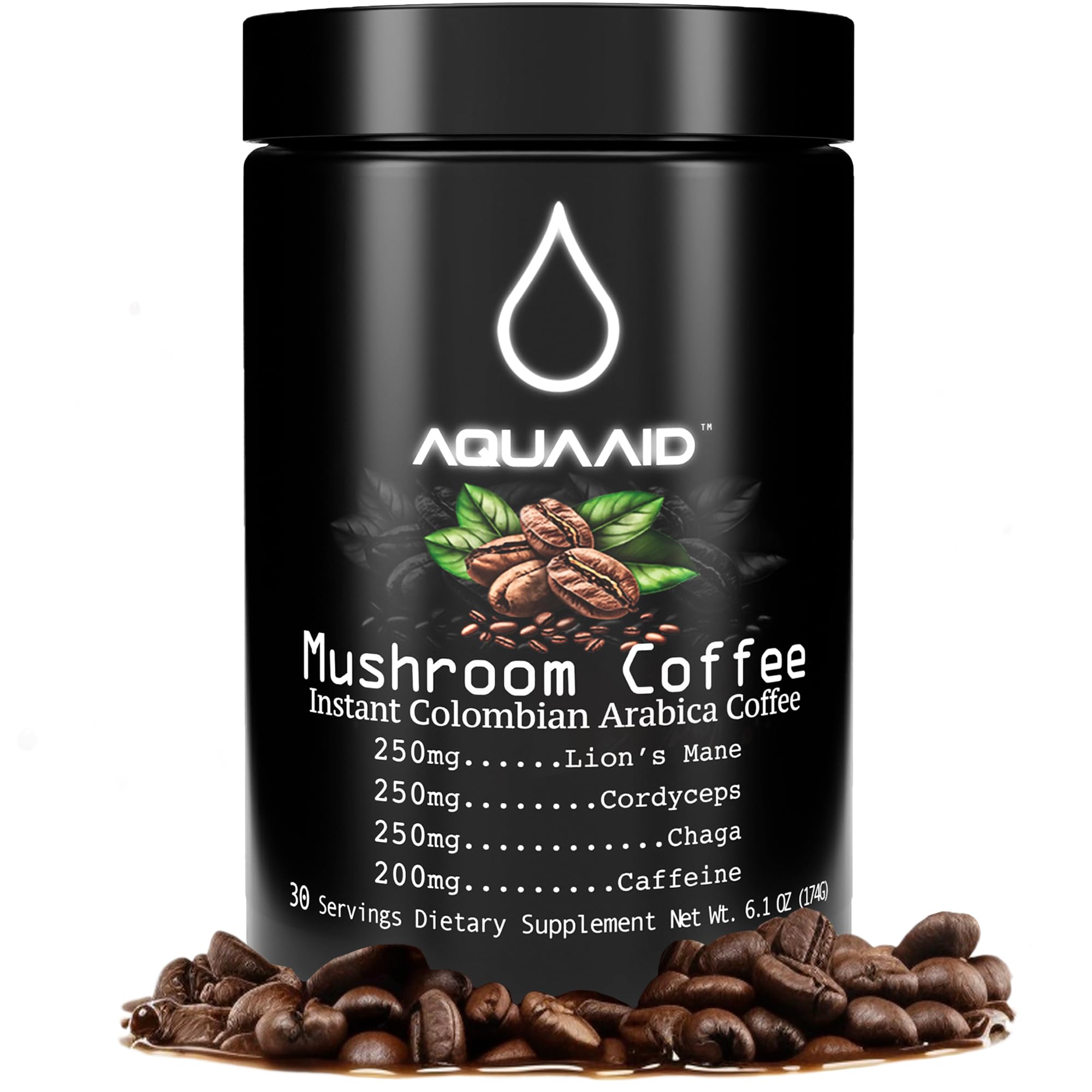 AquaAid Mushroom Coffee with Lions Mane + Cordyceps + Chaga | Memory Focus Think | 2x Natural Caffeine Energy | Four Ingredient Superfood Instant Coffee | 6oz 30 Servings